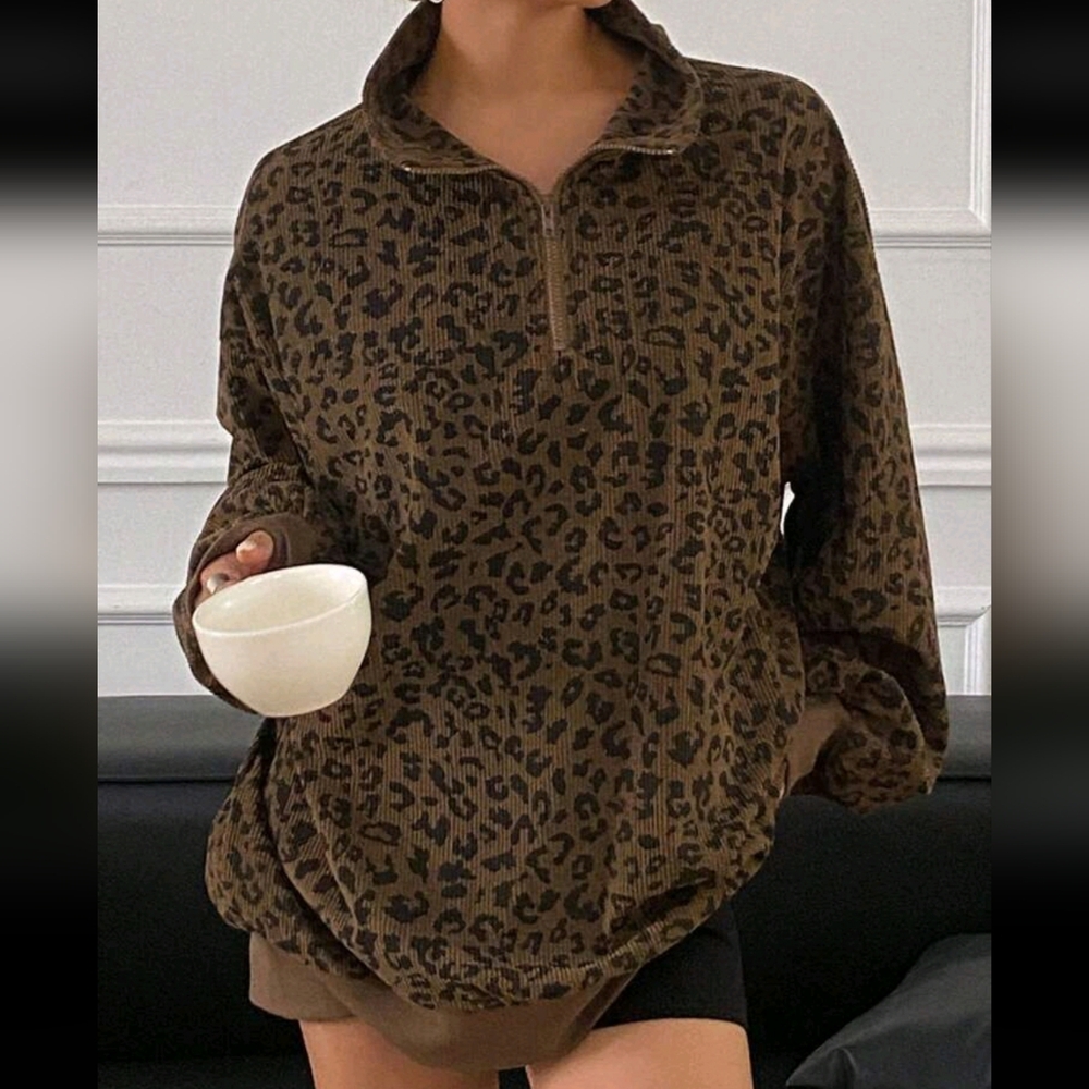 Women Casual Zip Up Front Long Sleeve Leopard Print Sweatshirt - Picture 3 of 4